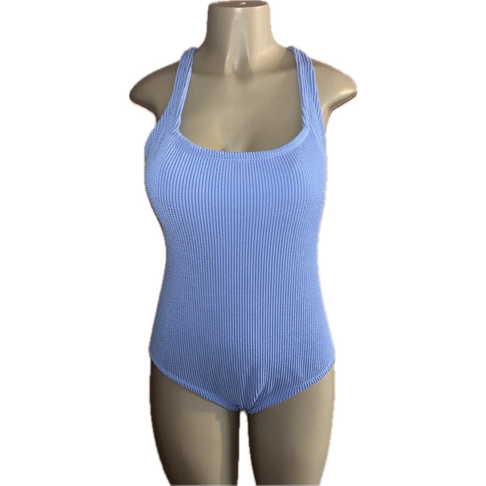 Kona Sol Womens Ribbed Textured One Piece Swimsuit Light Blue Large NWT